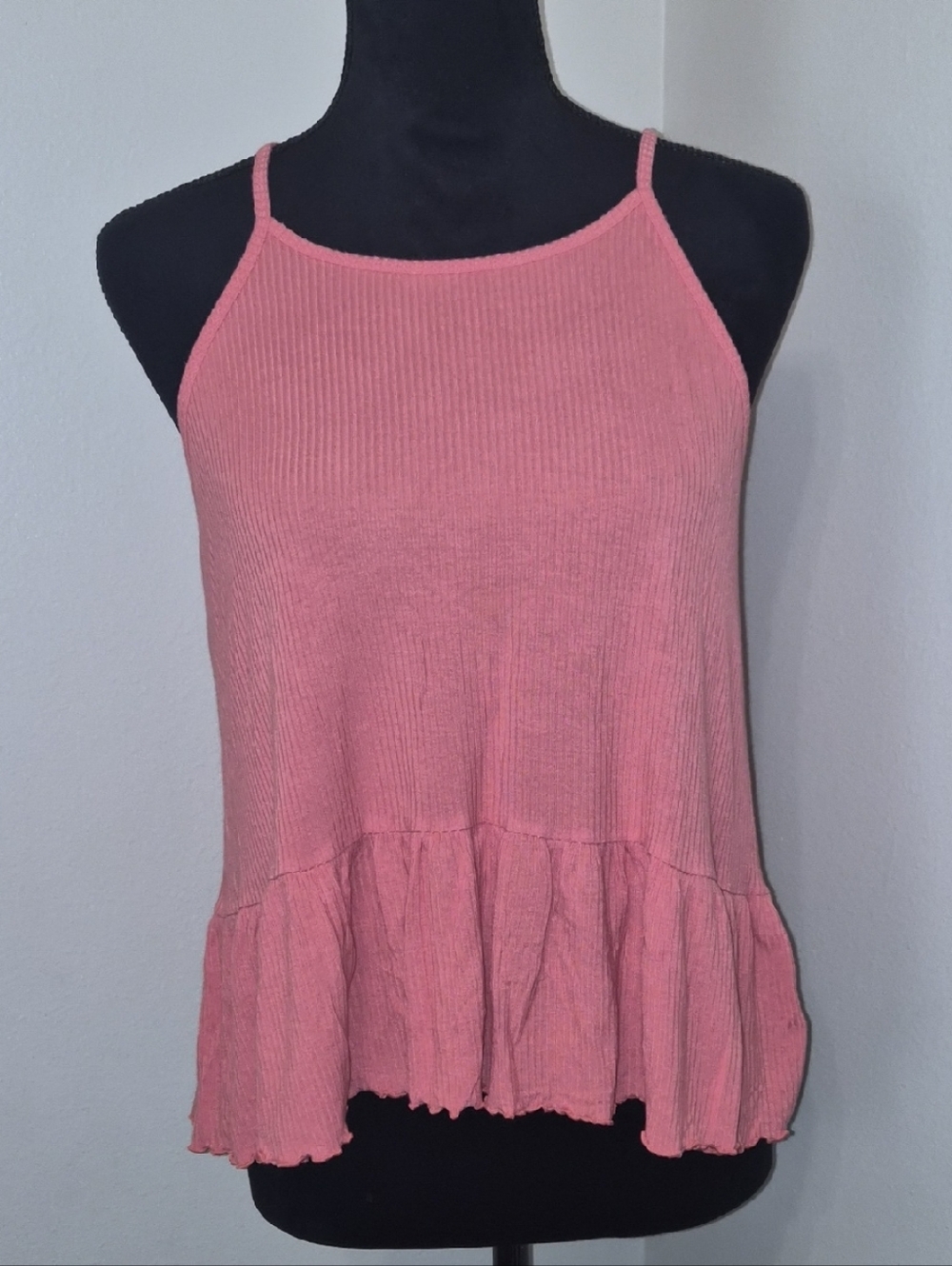 American Eagle Outfitters Dusty Pink Ribbed Halter Camisole with Ruffle Hem